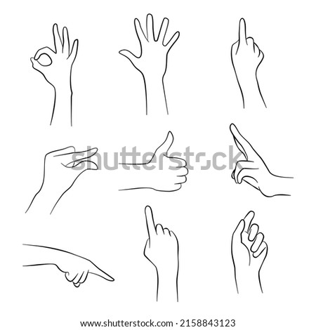 Hands set elements pose. Make a symbolic gesture ok, spread out hand, point, hand pinch, great, V sign side facing. Vector illustration. Stock fotó © 