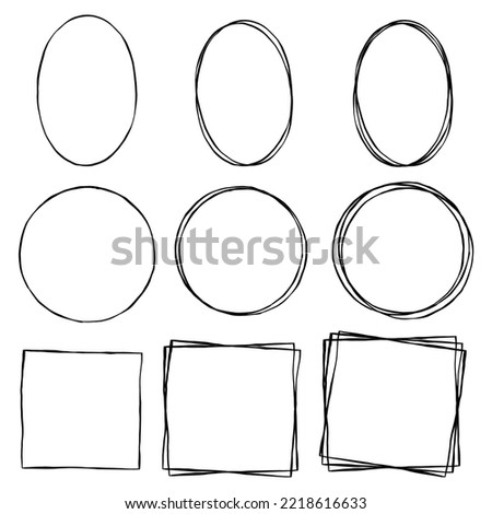 Basic black line doodle blank frame on white background. Circle Oval and Square. Single Double and Triple. Vector illustration.