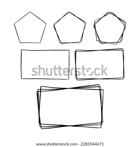 Basic black line doodle blank frame on white background. Pentagon and Rectangle. Single Double and Triple. Vector illustration.