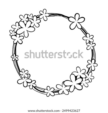 Black line Cute Flowers on Circle Shape Frame. Vector illustration for decorate logo, text, wedding, greeting cards and any design.