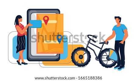 Similar – Image, Stock Photo Woman with bicycle seeks way on smartphone