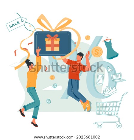 People saving money buying things. Card cashback, customer loyalty program and money saving concept, flat vector illustration isolated on white background.