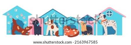 Animals shelter and pets adoption banner layout. Finding new house for pet and homeless domestic animals care, flat vector illustration isolated on white background.