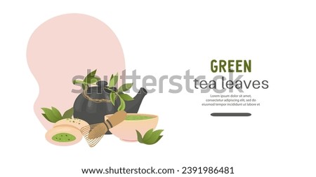 Matcha and green tea drinks advertising web banner or poster design for teahouse and store, flat vector illustration. Custom banner design for tea menu and sales.