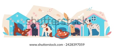 Banner backdrop for pet adoption and animal shelters to[pics, providing homes for dogs and cats in need. Pet care, adoption and support animal charity organizations.