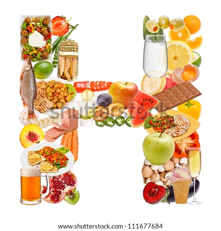 Letter H made of food isolated on white background