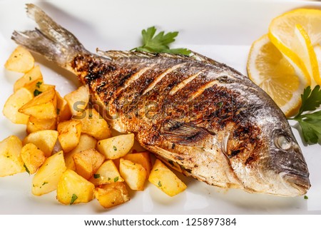 Similar – Image, Stock Photo Grilled fish and potatoes with scallion and sauce