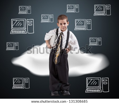 Boy in business suit with cloud computing diagram
