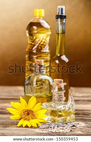Various types of edible oils in bottles