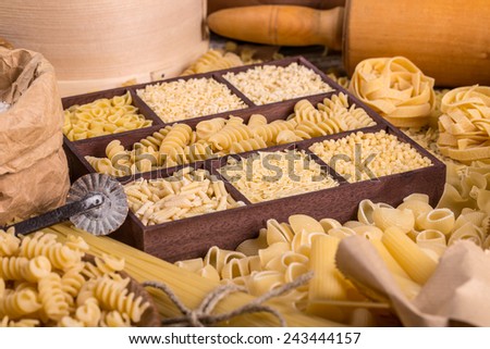 Pasta in a wooden box, pasta concept
