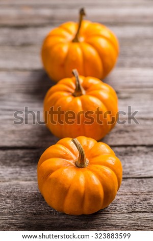 Three mini pumpkins arranged in row