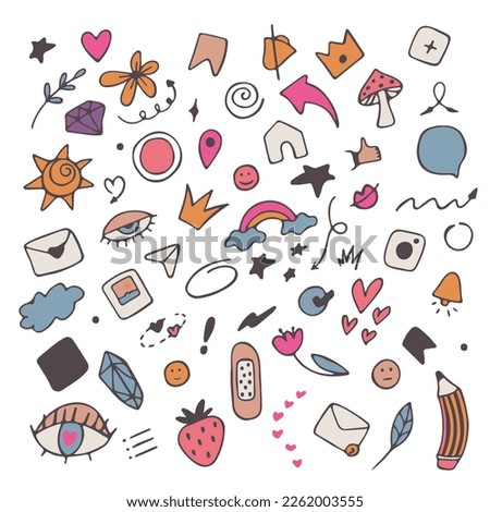 Doodle illustrations set. Doodles, stars, sparkles, hearts, decorations, frames, speech bubbles, arrows, check boxes, spiral, egg, light bulb. Vector illustration