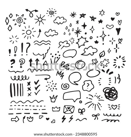 Doodle illustrations set. Doodles, stars, sparkles, hearts, decorations, frames, speech bubbles, arrows, check boxes, spiral, egg, light bulb. Vector illustration