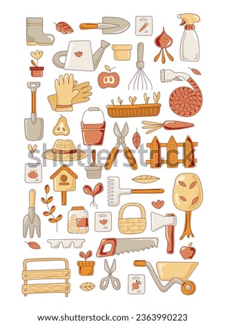 Set of icons of garden tools. Design of garden shop, garden centers. All objects are separated. Vector illustration.