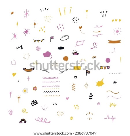 Multicolored simple hand-drawn decorative illustrations set. Doodles, stars, sparkles, hearts, decorations, frames, speech bubbles, arrows, check boxes, spiral, egg, light bulb. Vector illustration