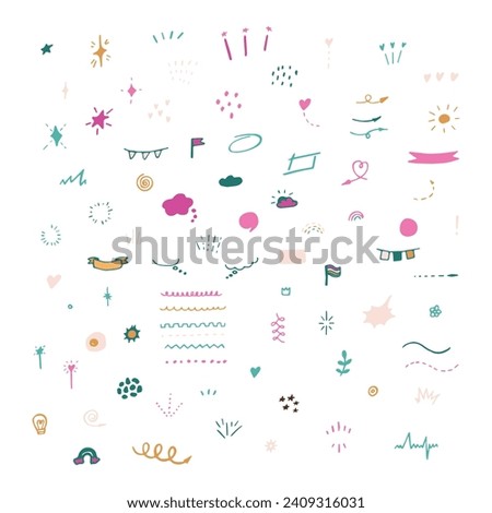 Multicolored simple hand-drawn decorative illustrations set. Doodles, stars, sparkles, hearts, decorations, frames, speech bubbles, arrows, check boxes, spiral, egg, light bulb. Vector illustration