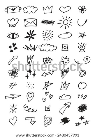 Doodle illustrations set. Doodles, stars, sparkles, hearts, decorations, frames, speech bubbles, arrows, check boxes, spiral, egg, light bulb. Vector illustration