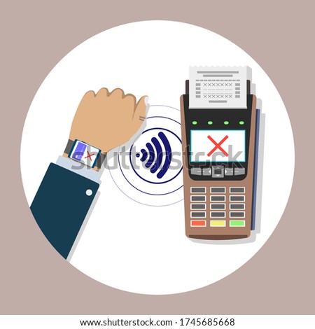 Canceling the operation of the wireless connection of the POS terminal and the application of the electronic watch on the man's hand.