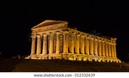 Temple of Concord at night. Valley of Temples, Agrigento. New led lighting system
