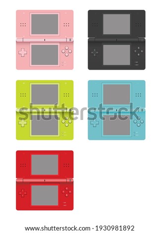 Retro vintage handheld portable gaming console. Different color portable gaming device from 80s. Vector of old school portable gaming console. Arcade gaming console. Nostalgic portable gam console.