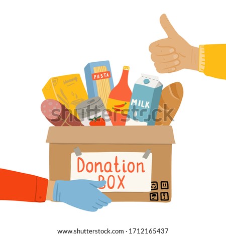 Donation food box in hands of volunteer. Food Bank with canned non perishable foods. Concept of charity activity for coronavirus 
insulation. Vector illustration isolated on a white background.