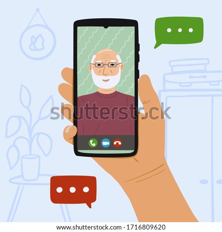 Person call grandfather throught online video on smartphone at home. Concept Stay at home and call your parents from video chart. Hand drawn vector illustration on blue background with furniture.