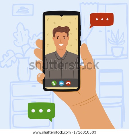 Person call young man throught online video on smartphone at home. Concept Stay at home and call your friend or lover from video chart. Hand drawn vector illustration on blue background with furniture