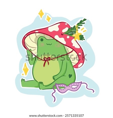 Cartoon frog is sitting. Funny cute green frog with a red mushroom hat and carnival mask. Vector character. Sticker, logo, poster. Flat illustration on a white background. 