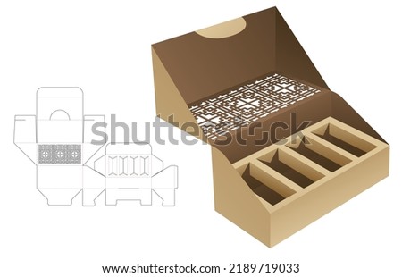 Stenciled pattern 1 piece box with insert supporter die cut template and 3D mockup