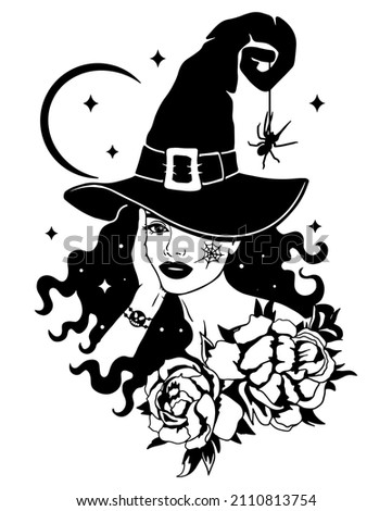 Silhouette of beautiful curly witch girl in pointed hat with flowers, crescent moon and stars isolated hand drawn vector illustration