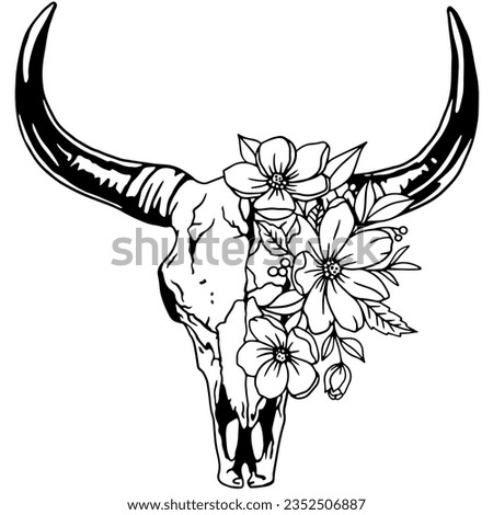 Texas bull black and white vector illustration. Bull skull with flowers, clipart. Silhouette Texas Longhorn. Bull Head Logo Icon.