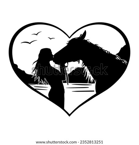 Silhouette of a woman and a horse in a heart. Horse love hand drawn illustration for plotter cutting. Vector logo