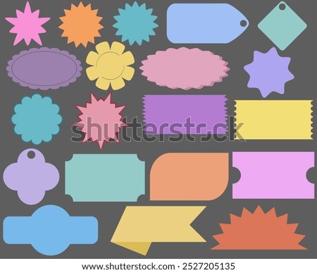 A colorful collection of badges and logo shapes in a variety of styles and colors, including circles, stars, squares, and ribbons. Each shape is filled with pastel colors.