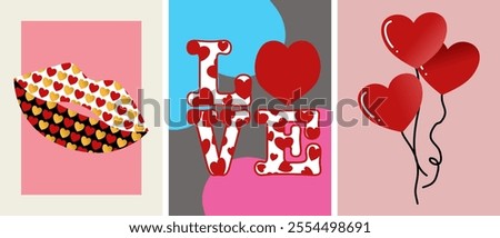 This image shows a triptych of colorful Valentine-themed designs: lips filled with heart patterns, the word 