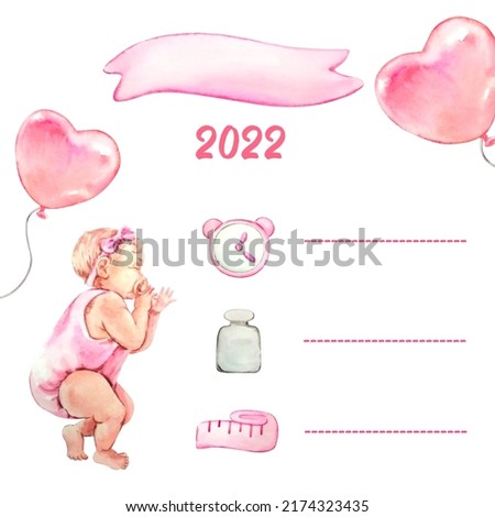 Children's poster, height, weight, time, date of birth. Illustration of a newborn's metric for a girl