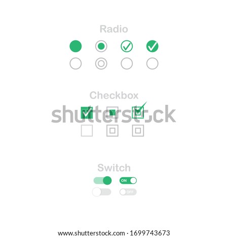 check mark icon set. Radio, checkbox and switch check mark used for choice between one of two possible mutually exclusive options. GUI, HTML CSS Radio, Checkbox and switch template.