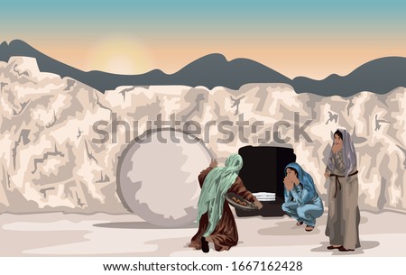 Mary Magdalene and Other Women At Jesus' Tomb with Rolled Away Stone And Folded Grave Clothes - Easter Story Stock fotó © 
