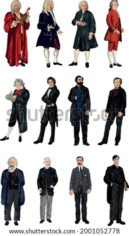 Set of 12 Great Classical Composers Standing Vector Portraits - Vivaldi, Handel, Bach, Mozart, Beethoven, Chopin, Verdi, Wagner, Brahms, Tchaikovsky, Edward Elgar, Ralph Vaughn Williams 