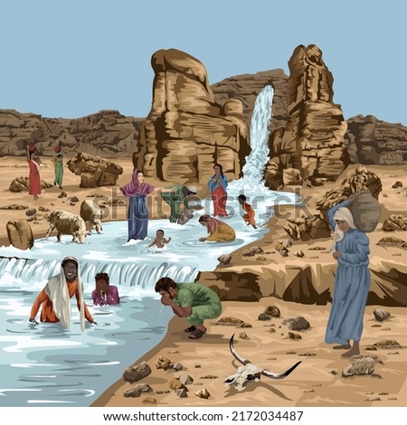 Israelites enjoying the water from the rock in the wilderness - Biblical Image 