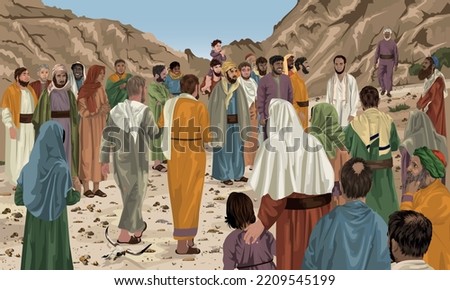 Blind Man Being Brought to Jesus as Crowd Watches On.  Biblical Illustration showing Luke 18:35-43