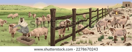 Biblical illustration that contrasts sheep wanting for nothing, under the management of Good Shepherd, with neglected and underfed sheep, on poor pasture with an indifferent owner, as in Psalm 23.