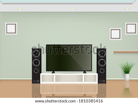 Living room with smart TV on the table and speaker audio. Vector illustration.