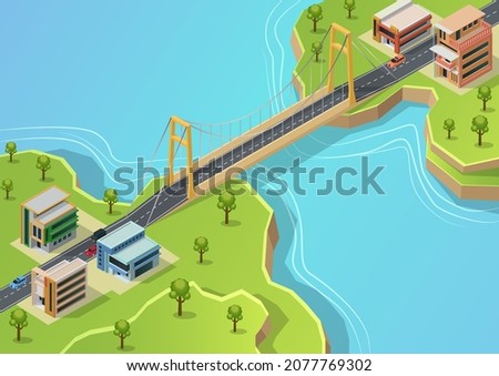 two isometric Islands with buildings connected by bridges