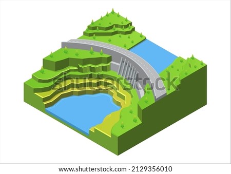 Vector isometric dam. hydroelectric power station and green energy