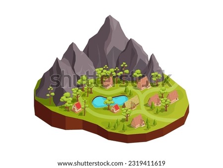 isometric beautiful mountain with village, lake and forest