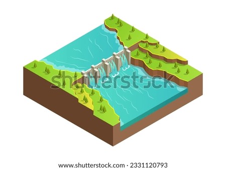  Isometric river with dam. Hydroelectric power station and green energy