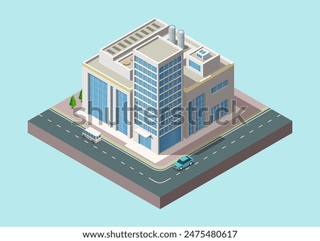 Isometric modern industrial building with trees and car