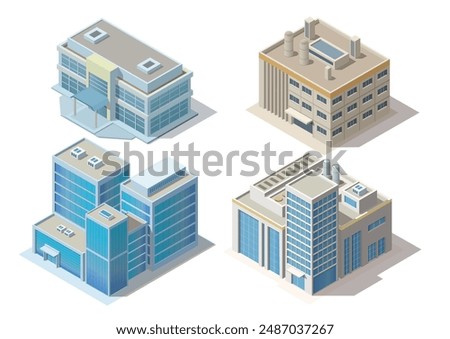 Set of isometric modern building. Isolated on white. for map or game asset