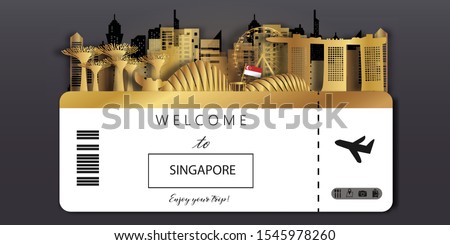 Singapore Ticket Travel postcard panorama, poster, tour advertising of world famous landmarks of Singapore in paper cut style.