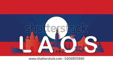 Laos Travel postcard, poster, tour advertising of world famous landmarks in paper cut style. Vectors illustrations